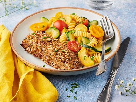 Filets 7 Céréales et Graines, Fusilli aux tomates et courgettes, sauce à l’ail et citron