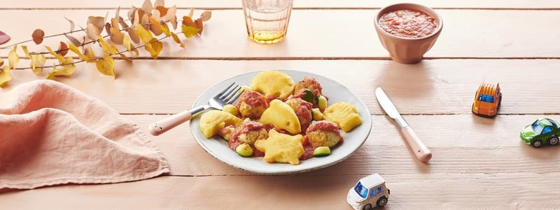 Recette Croustibat Potato Jungle, boulettes de poulet sauce tomate et billes de courgettes&nbsp;&nbsp;