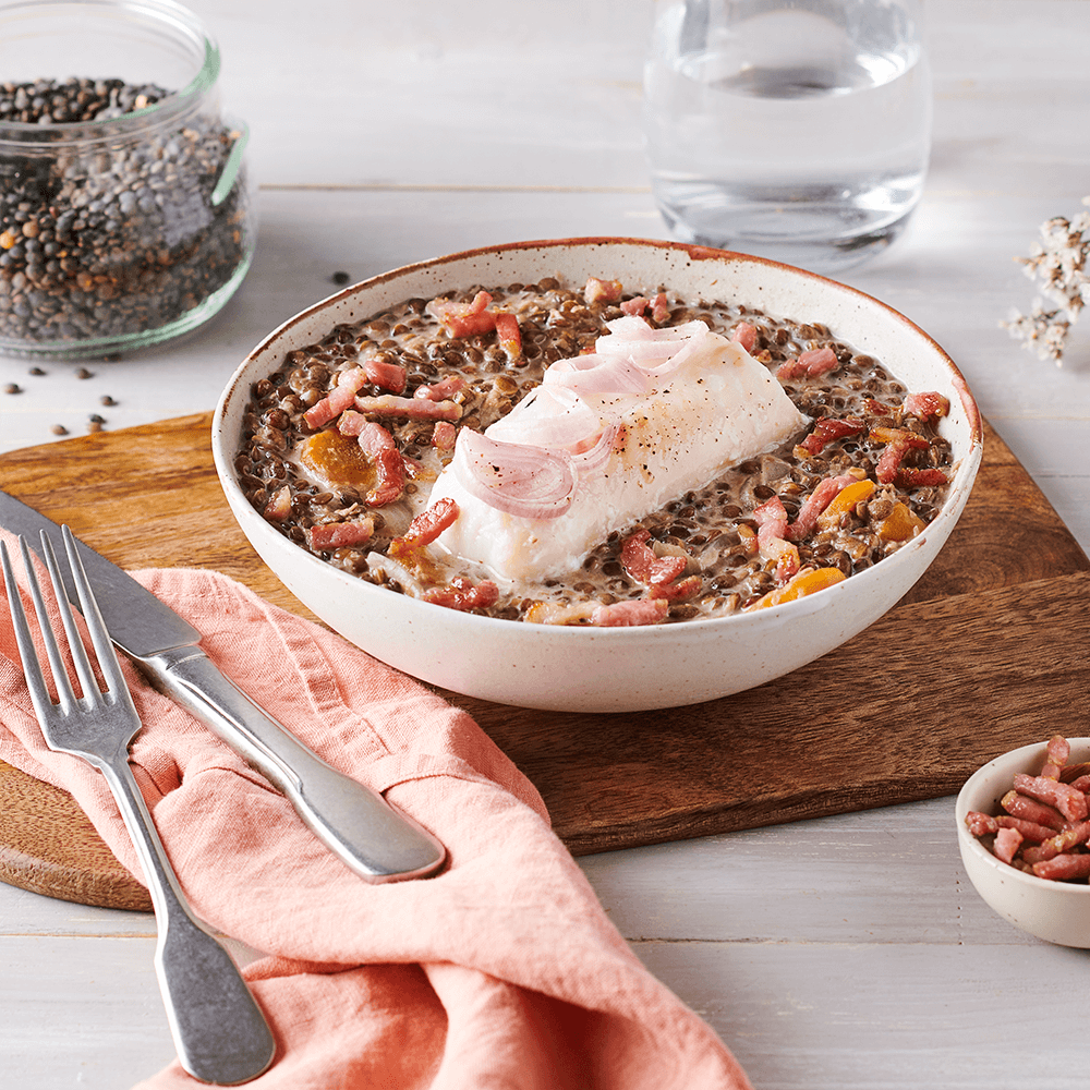 Dos de cabillaud aux lentilles crémeuses