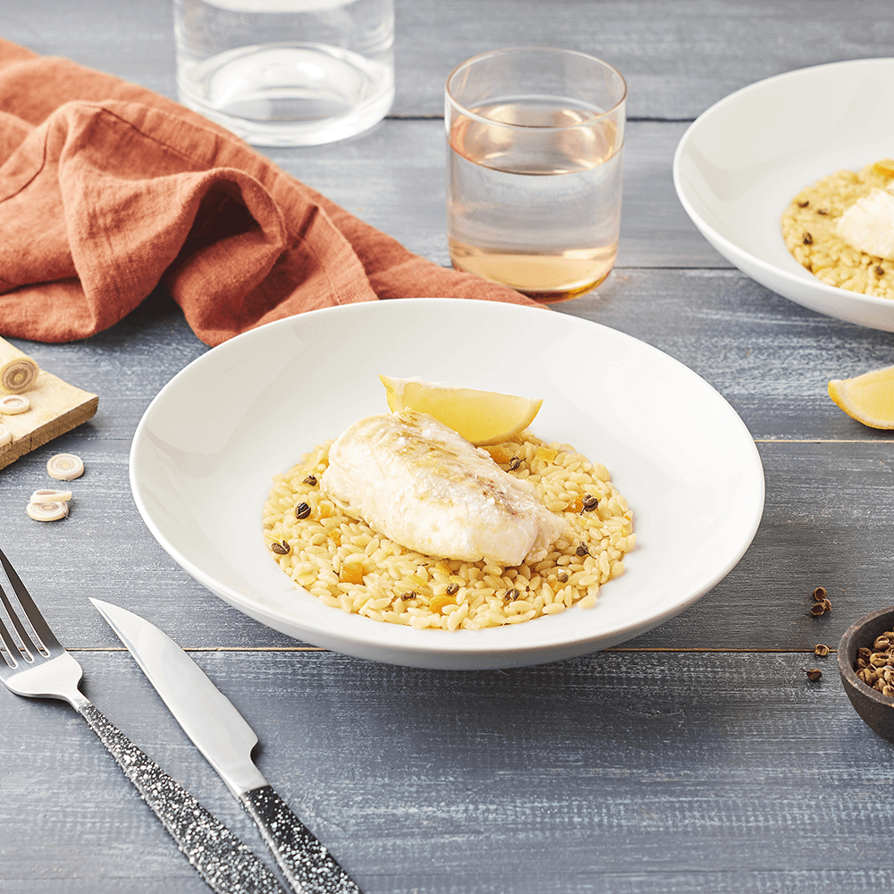 Dos de Cabillaud rôti et risotto d’avoine à la citronnelle et baies de Sansho