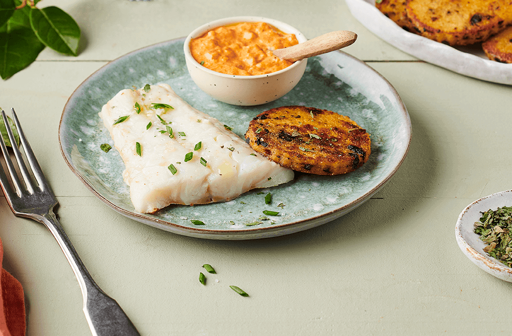 Filet de cabillaud, sauce aux poivrons et polenta croustillante aux olives