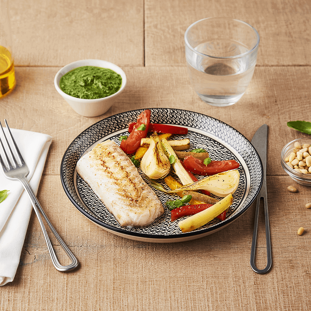 Dos de cabillaud au pistou et légumes du soleil