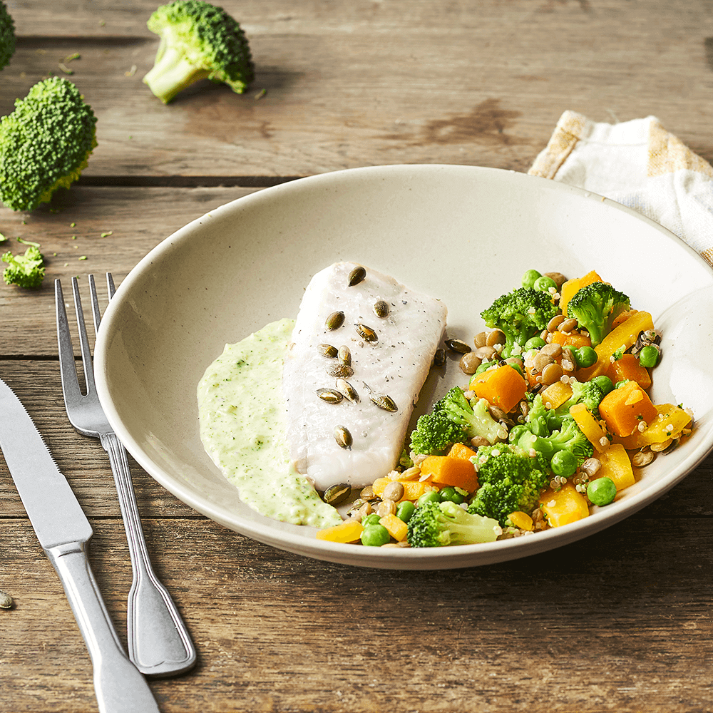 Dos de cabillaud sauce brocolis, aux graines de courges, quinoa
