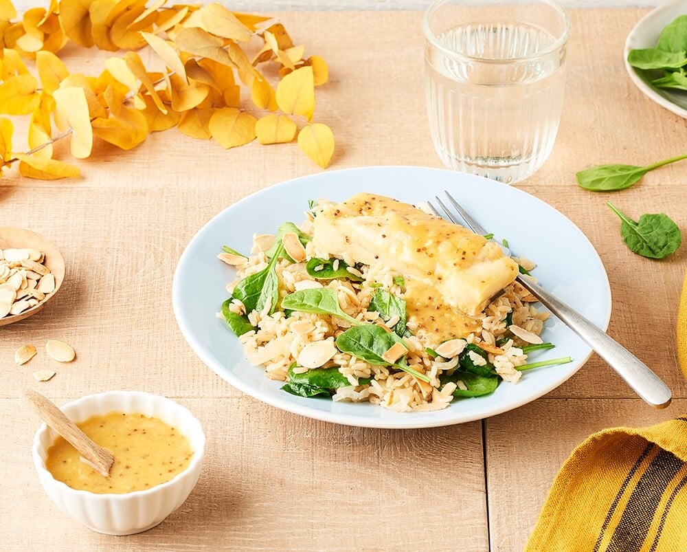 Colin d'Alaska sauce crème moutarde, riz, épinards 