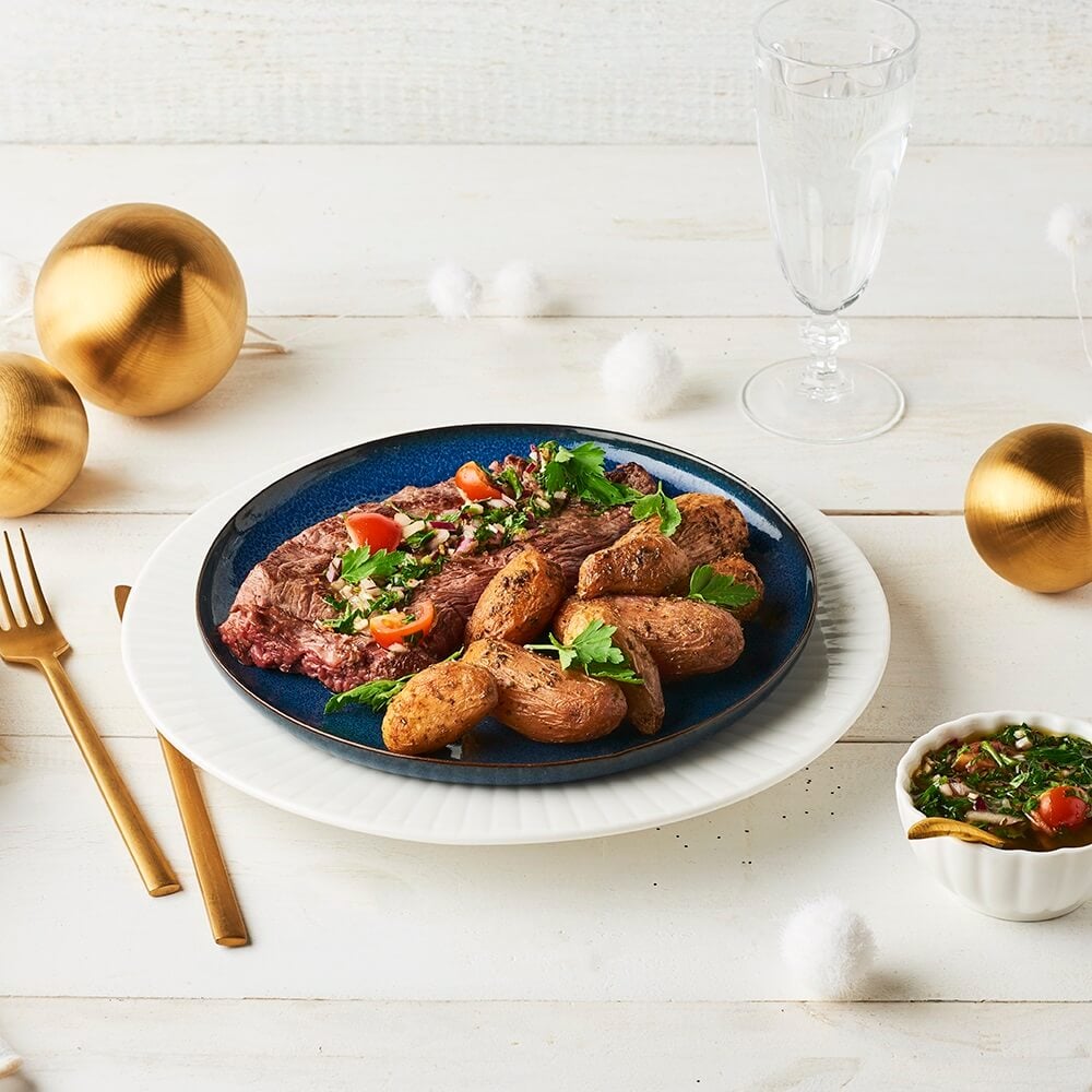 Pommes de terre Grenaille, bavette de bœuf et sauce chimichurri