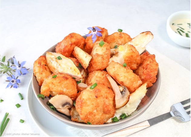 Mini-Röstis Croustibat, aiguillettes de poulet, champignons et ciboulette