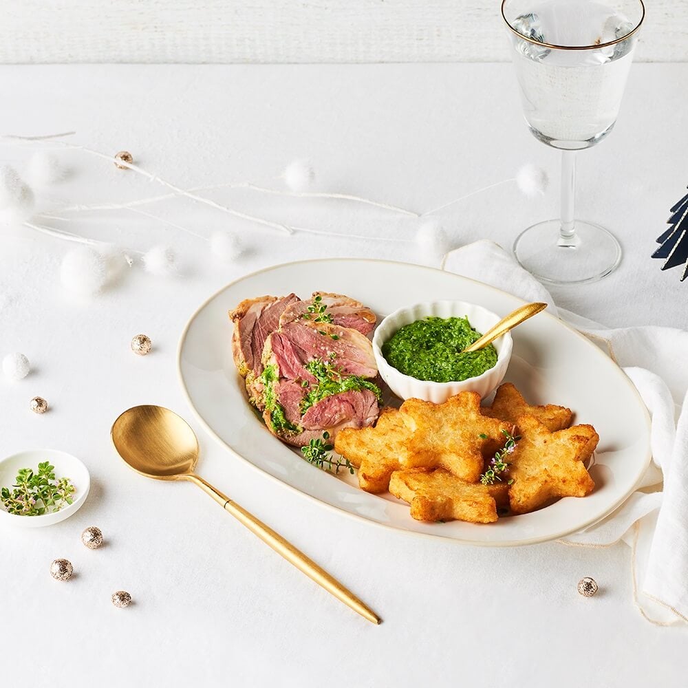 Pommes de terre étoiles et son gigot farci au pesto de roquette