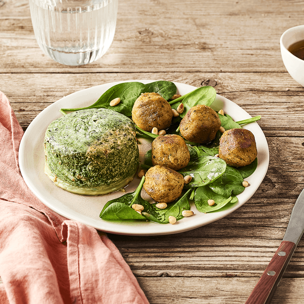 Falafels végétariens, flan d’épinards au chèvre