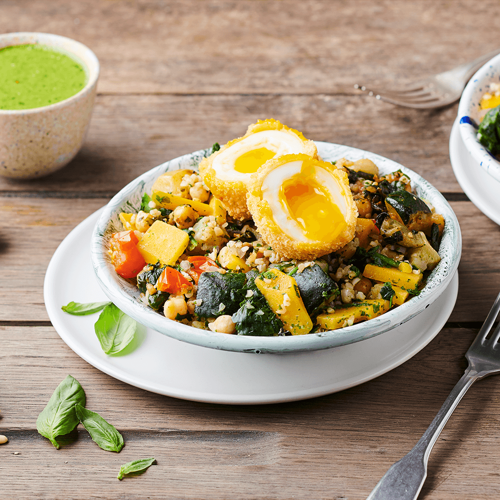 Oeufs mollets panés et Boulgour au pesto 