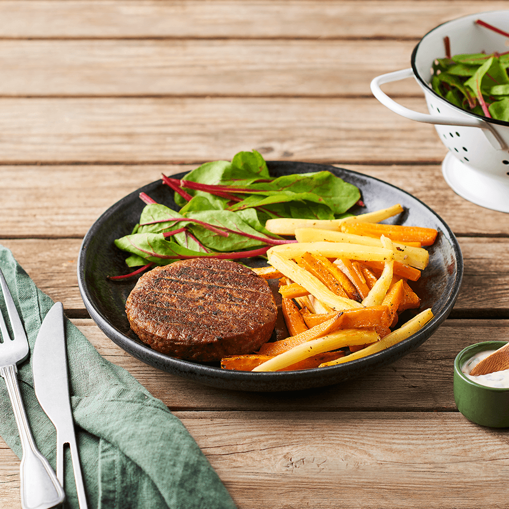 Steak végétal et frites de légumes au four