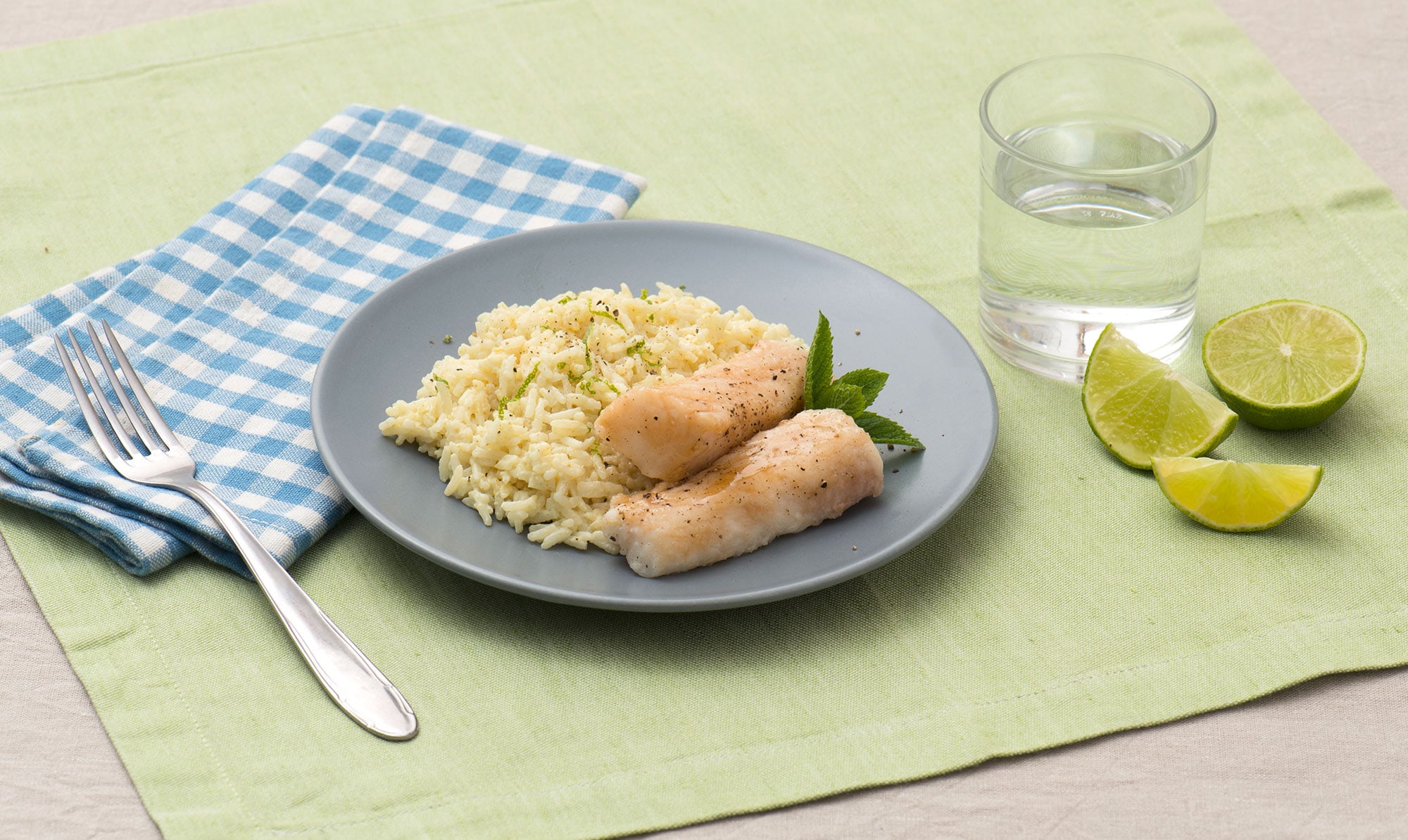 Colin et riz basmati crémeux citron vert et coco